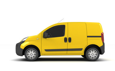 Yellow blank delivery cargo van isolated on white background. Left side view.