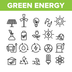 Green Energy Sources Vector Linear Icons Set. Alternative Eco Energy Outline Symbols Pack. Ecology And Environment Friendly Electric Power Isolated Contour Illustrations. Solar Panel, Windmill