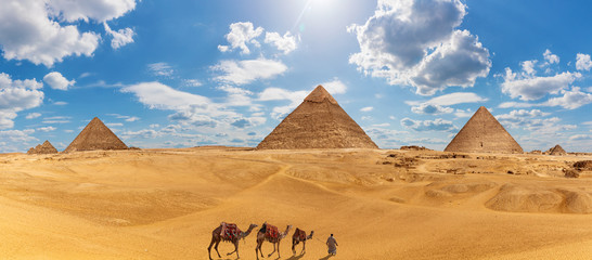 Panorama of Giza with the Pyramids, camels and a bedouin