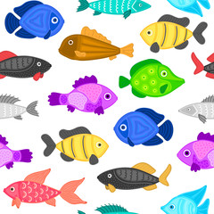 Naklejka premium Vector seamless pattern with colorful abstract fish. Undersea world. Aquarium. Wrapping paper, package, wallpaper, poster, clothing and other textile in a pet store, fishing gear shop or aquapark
