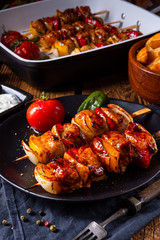 marinated kebab skewers with meat and vegetables