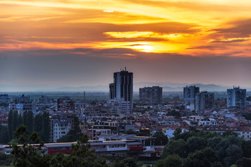 Summer sunset over Plovdiv city, Bulgaria. European capital of culture 2019 and the oldest living city in Europe. Photo from one of the hills in the city.