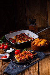 marinated kebab skewers with meat and vegetables