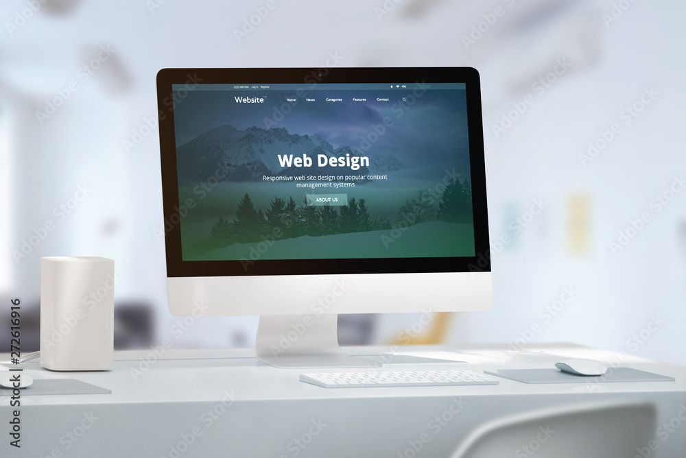 Poster Office desk with modern computer monitor and responsive web site off web design studio presentation.