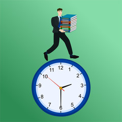 Busy businessman holding document and running on clock , vector cartoon