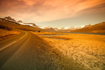 Asphalt road in the fjords of Iceland. Toned