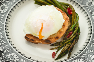 Toast with Poached Egg and Boiled Green Asparagus