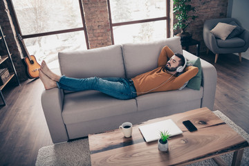 Proofile side top above high angle view photo of handsome trendy stylish man close eyes feel quiet...