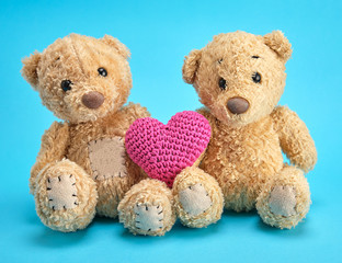 two brown teddy bears hold a red knitted heart on a blue background