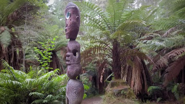 Maori carving located deep in native forest interior. Rotorua, New Zealand.