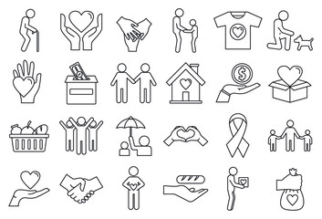 Volunteering charity icons set. Outline set of volunteering charity vector icons for web design isolated on white background