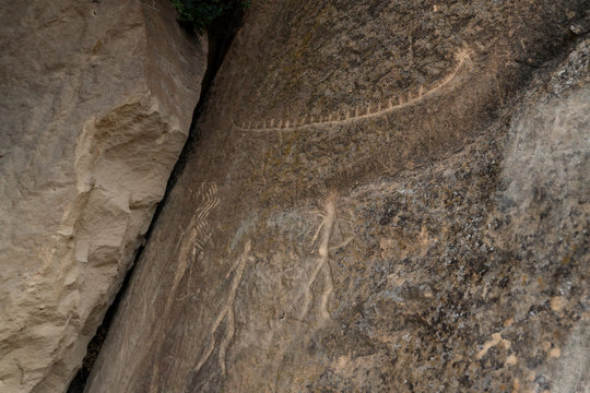 Ancient rock paintings(petroglyphs) in one of the regions of Azerbaijan, Gobustan.