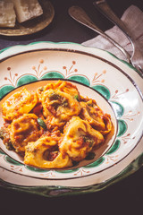 Tortellini with Tomato Sauce, Mozzarella Cheese and Basil on Rustic Plate