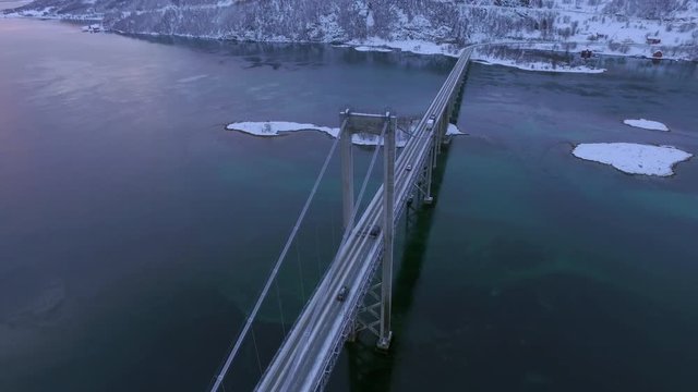 Aerial Pan Left to Right: Cloudy Cold Bridge of Lofoten Norway - Lofoten, Norway