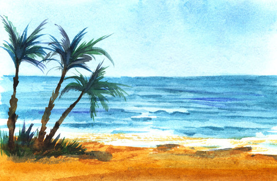 Tropical sea coast. Azure sea, blue sky. Bright sand. Three dark silhouettes of a palm tree. 