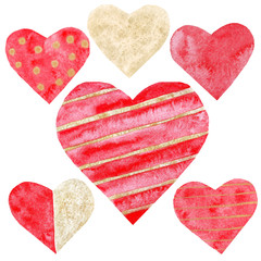 watercolor red and golden hearts set love wedding valentine day