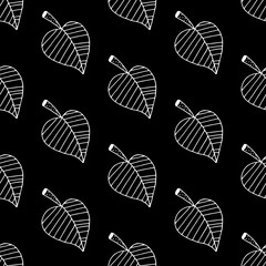 Cute cartoon leaf background with hand drawn leaves. Sweet vector black and white leaf background. Seamless monochrome doodle leaf background for textile, wallpapers, wrap, cards and web.