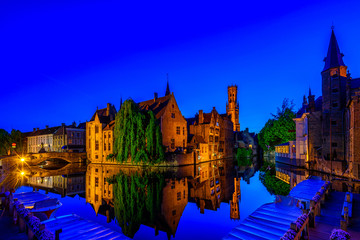 Classic view of the historic city center of Bruges (Brugge), West Flanders province, Belgium. Night...