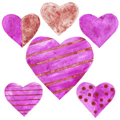 watercolor purple and cooper hearts set love wedding valentine day