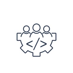 Programming. A group of professional developers. Vector linear icon.