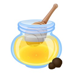 Spoon in honey jar icon. Cartoon of spoon in honey jar vector icon for web design isolated on white background