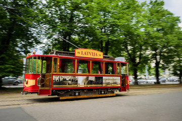 Old tram in the street of Riga, Latvia