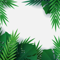 Hello summer, summertime. Background of tropical plants. Palm leaves, jungle leaf. The poster for sale and an advertizing sign.  Vector