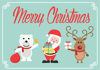 Set of cute Christmas character Santa claus, polar bear and reindeer Vector illustration