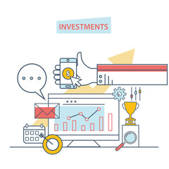 Financial investments, marketing, analysis, security of deposits, guarantee of security financial savings and money turnover. Investment in innovation. Illustration thin line design of vector doodles.