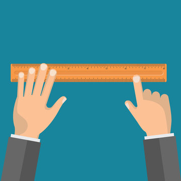Measuring ruler in hand. Tools for education and work. Stationery and office supply. Vector illustration in flat style