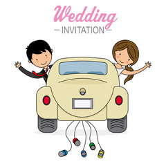 Wedding invitation card. Bride and groom waving inside a car