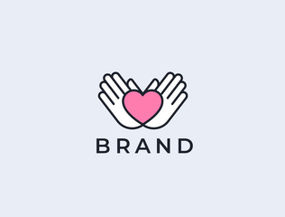 Hands with heart logo. Love, care, sharing, charity, medicine symbol. Valentines day logotype. Abstract medical health logo. Foundation logotype.