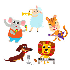 Obraz na płótnie Canvas Collection of cartoon animals with muzical instruments isolated on white.