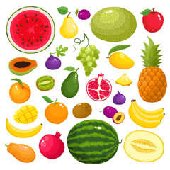 Colorful cartoon fresh fruit icons isolated on white.