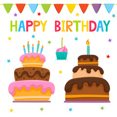 Birthday party cartoon design elements isolated on white.