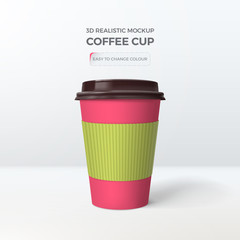 Vector 3d realistic mockup of pink paper coffee cup with green sleeve. Template for design of packing of drink with holder. Easy to change color. Isolated from the background.