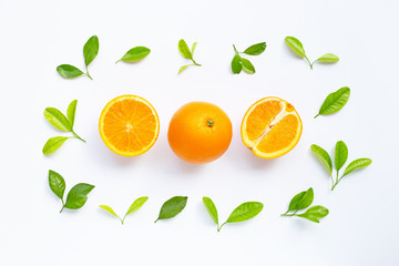 High vitamin C, Juicy and sweet. Fresh orange fruit with green leaves  on white.