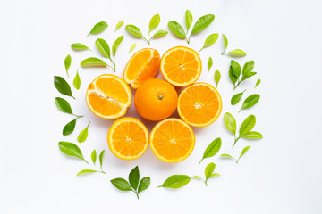 High vitamin C, Juicy and sweet. Fresh orange fruit with green leaves  on white.