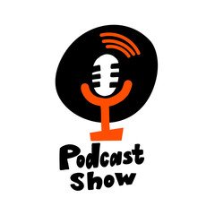 Podcast show. Funny vector cartoon illustration of microphone. Isolated on white