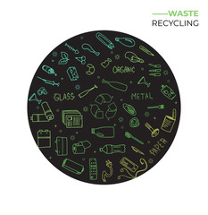 Recycl. Vector illustration Processing of thing: glass, plastic, organic, jar, paper. Save the planet.  Sort garbage. No plastic.