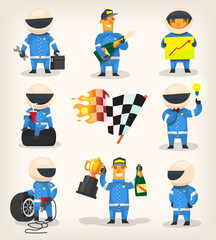 Set of colorful racing participants, champions, engineers and pit stop workers wearing helmets and holding champagne. Isolated vector characters illustrations.