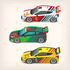 Set of colorful fast motor racing cars on a start line. Vector illustrations