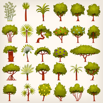 Collection of bushes, trees, palms and pines icons for your design. Flat game design elements. Vector illustrations.
