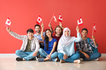 Group of students with Canadian flags sitting near color wall - obrazy, fototapety, plakaty