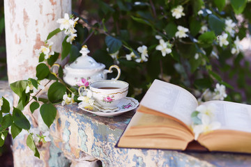 Old porcelain cup with tea and a book in an old garden arbor. Vintage retro photo.