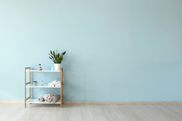 Modern shelf unit near color wall