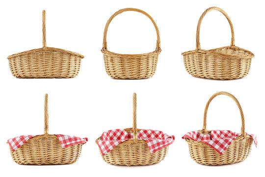 Collage of empty wicker picnic baskets. Isolated.