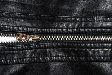 Leather and silver tone metal zipper