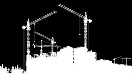 six white cranes building house on black