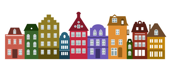 Set of Amsterdam style colored houses. Colorful of row typical dutch view at Netherlands. Stylized facades of old buildings. House skyline vector template. Background for card, banner. Urban landscape - obrazy, fototapety, plakaty